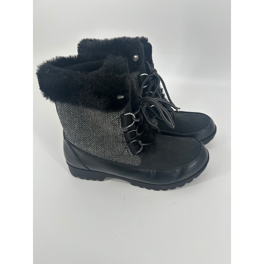 JBU Winter Boots Women Size 10 Black Excellent Herringbone Faux Fur Duck Boots